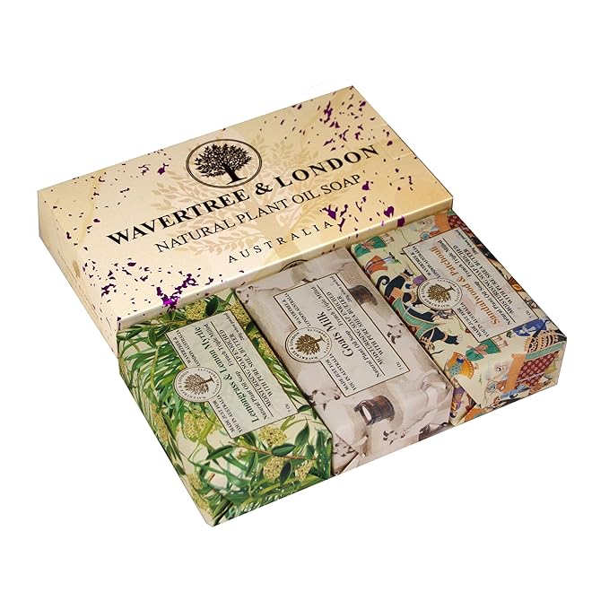 Wavertree & London Trio Gift Box (3 Bars) - 7oz Lemon Myrtle, Goats Milk, Sandalwood Patchouli Scented Moisturizing Triple Milled Natural Soap Bars - Pure Plant Oil Soap Bars for All Skin Types