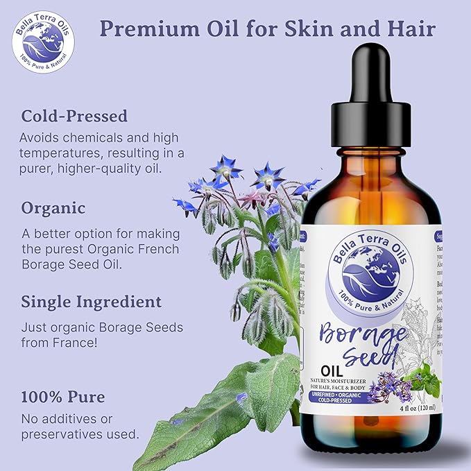 Bella Terra Oils - Organic Borage Seed Oil 8 oz - Cold-Pressed from Organic Borage Seeds, Overflowing with Vitamin E & Omega Fatty Acids, an Elixir of Youth & Beauty