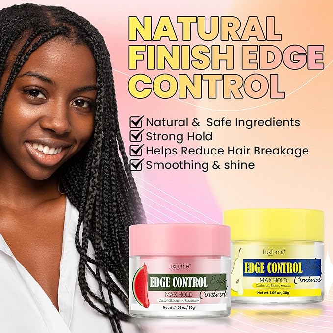 Edge Control Gel 2-Pack,Strong Hold, Shine & Styling, No Residue, Non-Greasy Formula for Smooth Edges, All Hair Types-Watermelon & Pear Scented (2x1.06oz)
