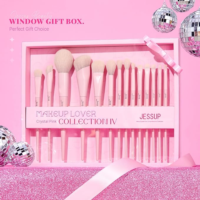 Jessup Pink Makeup Brushes Set 14Pcs Make up Brushes Premium Vegan Foundation Concealer Blush Eyeshadow Eyeliner Powder Highlighter Blending Face Brush Set with Gift Box, T495-G