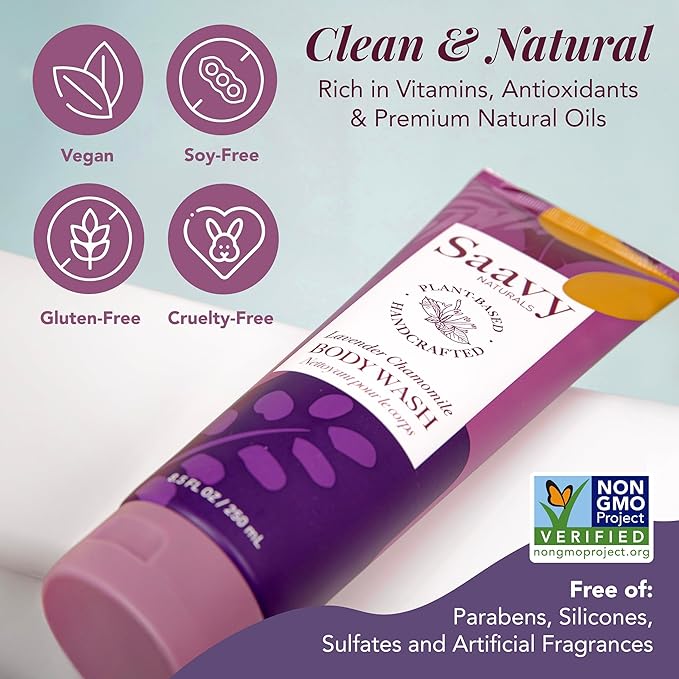 Saavy Naturals Body Wash Lavender Chamomile Plant-Based Ingredients - Made In USA - Sensitive Skin Body Wash - Organic Formula With Coconut Oil,Shea Butter, And Aloe Vera - 8.5 Fl Oz, 2 Pack