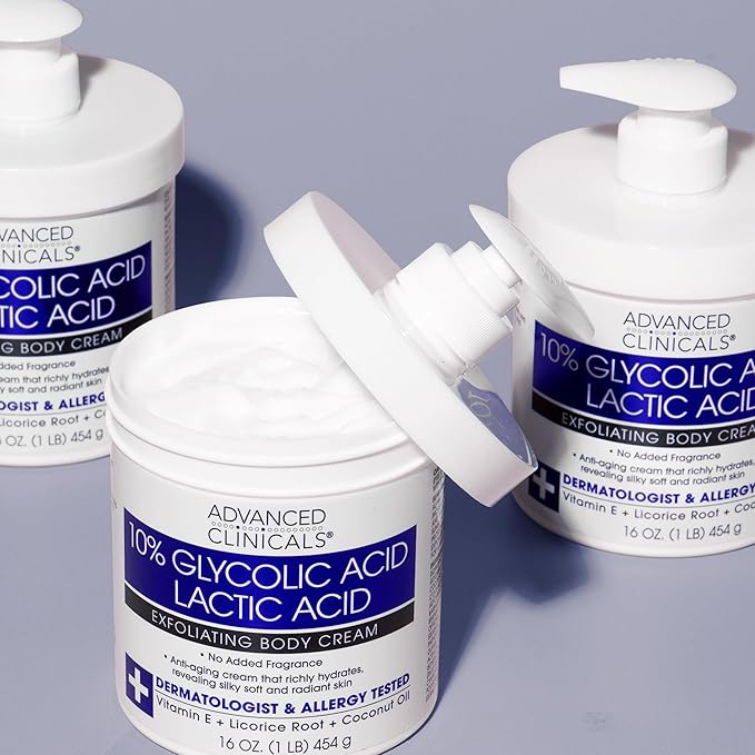 Advanced Clinicals 10% Glycolic Acid + Lactic Acid Lotion Exfoliant Moisturizing Cream With Hyaluronic Acid Moisturizer | AHA Exfoliating Body Cream Improves Look Of Uneven Rough Skin Texture, 16 Oz
