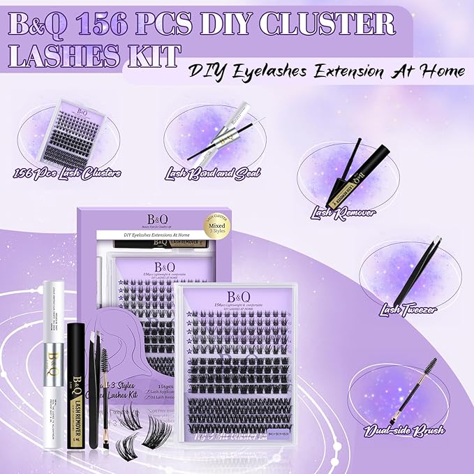 Lash Clusters Kit B03+B19+B20 Eyelash Extension Kit B&Qaugen DIY Lash Extension Kit 156 PCS Lash Clusters 8-18mm Cluster with Lash Bond and Seal Lash Applicator Tool (Kit,Equuleus)