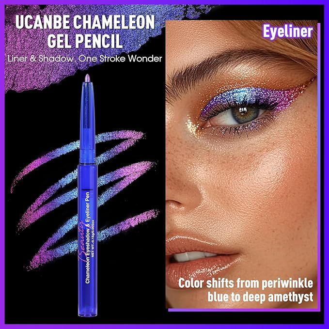 UCANBE Chameleon Eyeshadow & Eyeliner Gel Pencil-Multichrome Shifting Colors Metallic Glitter Eye Makeup,Waterproof Long-Lasting Smudge-Proof Multi-Dimensional Color (Periwinkle Blue to Deep Amethyst)
