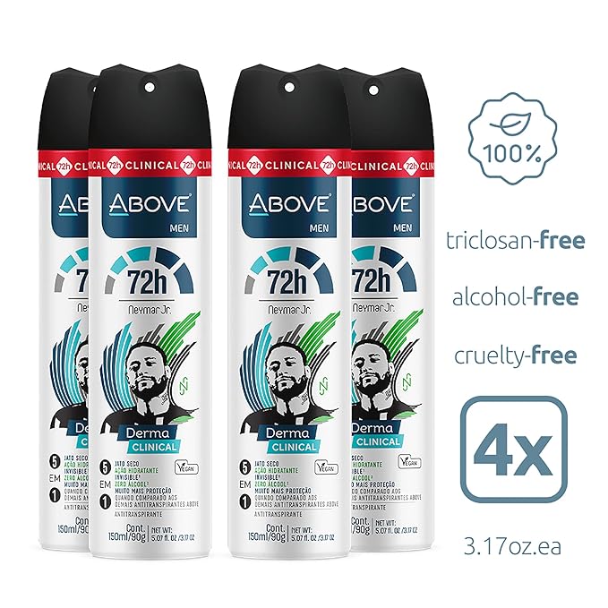 ABOVE Neymar Jr - 72H Antiperspirant Spray Deodorant for Men 5.07 Fl Oz(4 Pack) | Aluminum-Free | Fresh Mist, No Stain, No Alcohol, Long-Lasting Men's Deodorant Spray | Roses and Tuberoses Fragrance