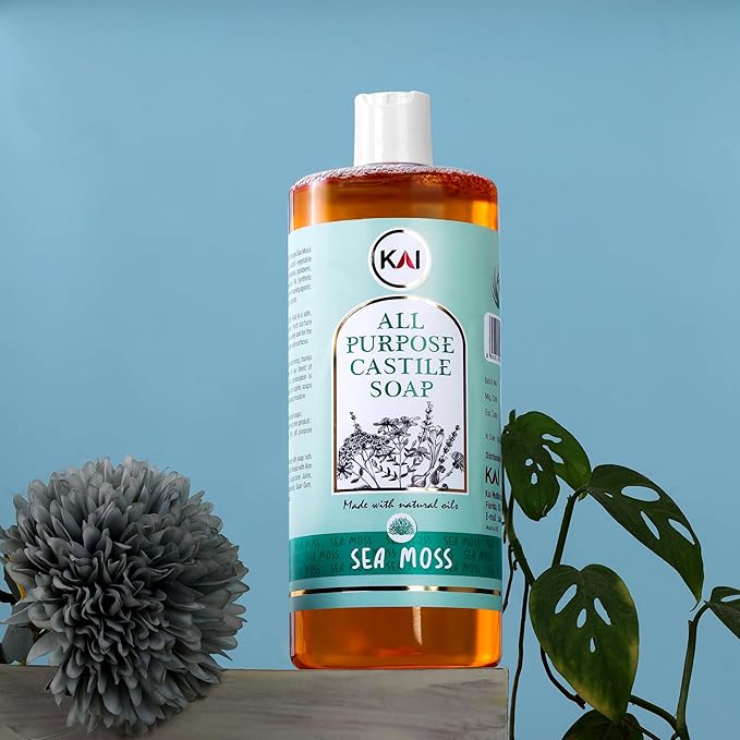 Sea Moss Liquid Castile Soap; Concentrated and All-Purpose; Use for All Natural Body Wash, Face Cleanser, Hair Shampoo, Hands, Dishes, Laundry, Floors, and Pets; 32 Ounce (1 Pack)