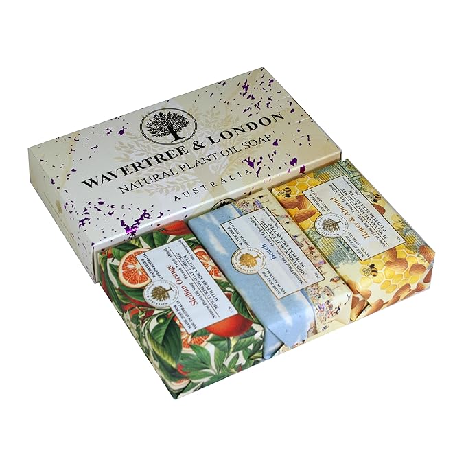 Wavertree & London Trio Gift Box (3 Bars) - 7oz Honey & Almond, Beach and Sicilian Orange Scented Moisturizing Triple Milled Natural Soap Bars - Pure Plant Oil Soap Bars for All Skin Types