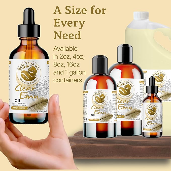 Bella Terra Oils - Clear Emu Oil 16oz - Ultra-Purified & Six-Times Refined, Rich in Omega-9, A Premium Choice for Skin & Hair Hydration