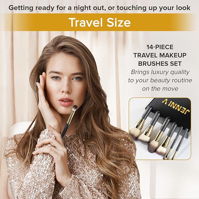 JENNI V Premium Travel Makeup Brushes Set - 14 Pc Mini Makeup Brushes with Handmade Leather Case - Portable Travel Makeup Brush Set with Holder - Travel Size Makeup Products for Blush, Foundation