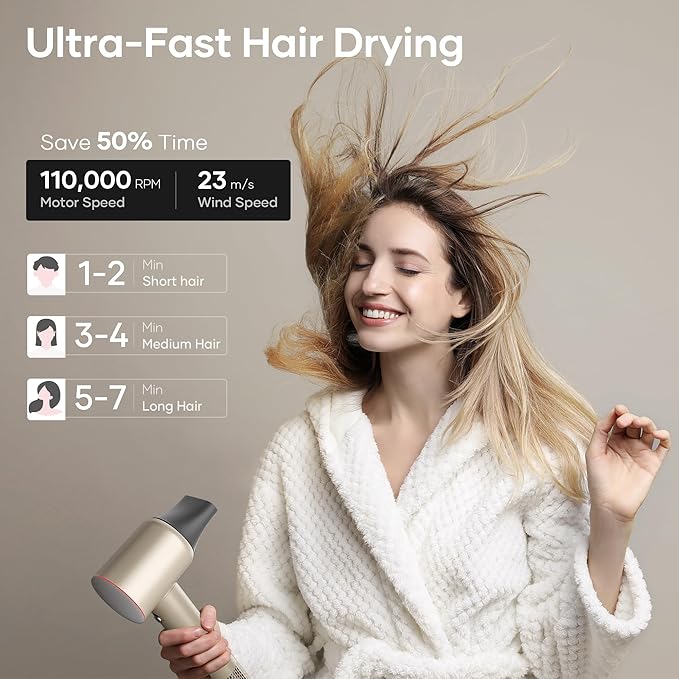 Professional Hair Dryer, 200 Million Negative Ionic Blow Dryer with 110000 RPM Brushless Motor, 1500W High-Speed HairDryer with Magnetic Nozzle & Diffuser for Salon, Home, Travel (Fortune Gold)