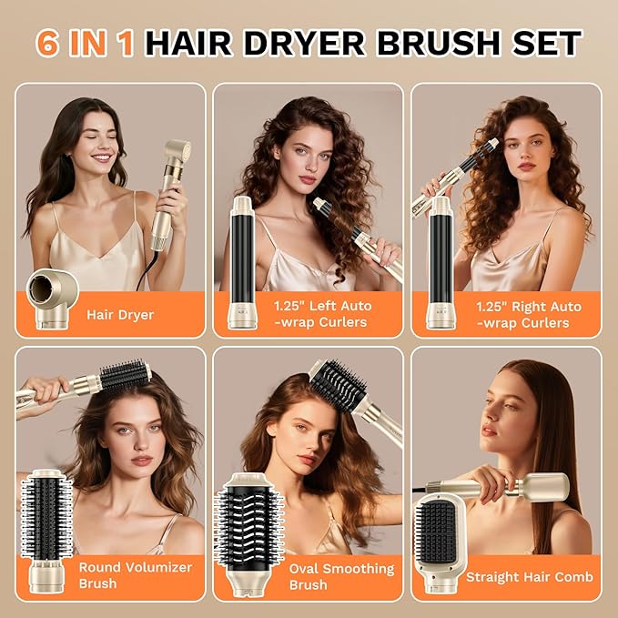 6 in 1 Hair Dryer Brush, 110,000 RPM High-Speed Blow Dryer Brush, No Heat Damage Hair Styler Auto Curler for Fast Drying, Curling, Volumizing, Straightening with Travel Bag