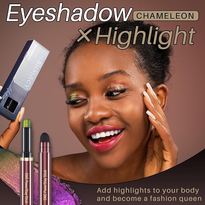 CHARMACY Duochrome Glitter Eyeshadow Stick, Chameleon Metallic Shimmer Smoky Eye Shadow, Long-Lasting Water-Resistant Formula, High Pigmented, Built-in Smudger #01
