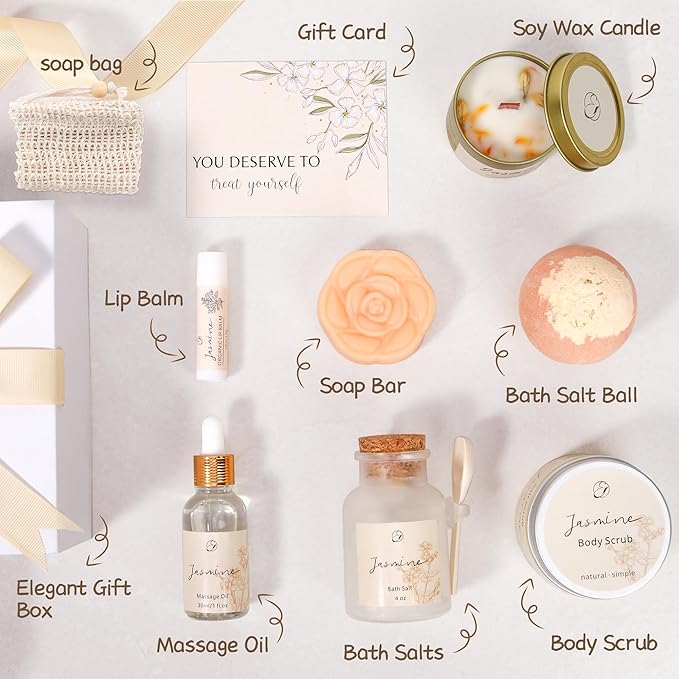 Spa Gifts for Women Christmas Gifts Jasmine Bath Gift Baskets Relaxing Self Care Gift for Mom Girlfriend Sister Wife Auntie Home Bath Care Package Thank You Gift Birthday Gift Friendship