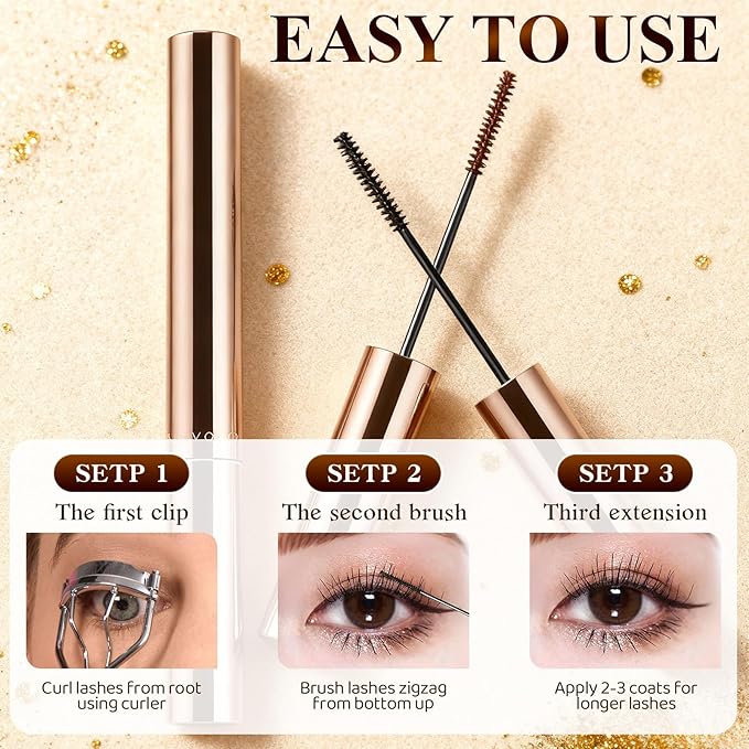 2PCS Ultra-Fine Lengthening Waterproof Quick-Dry Mascara, Iron Wand Mascara, Waterproof Metal Wand Mascaras, Long-lasting 3D Curling Eyelash, Smudge Proof and No Flaking (Black+Brown)