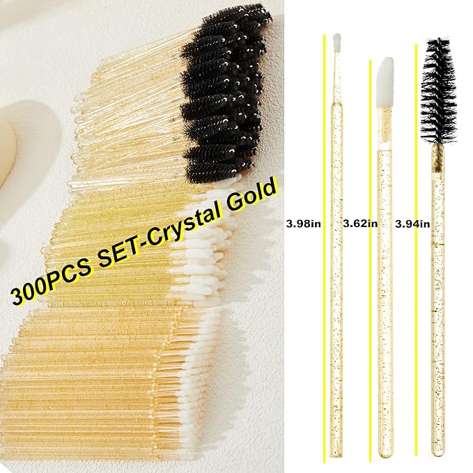 300PCS Eyelash Extension Supplies Kit, Disposable Micro Swab Brushes Eyebrow Spoolies Lip Brushes Mascara Wands Makeup Applicator Tools(Gold)