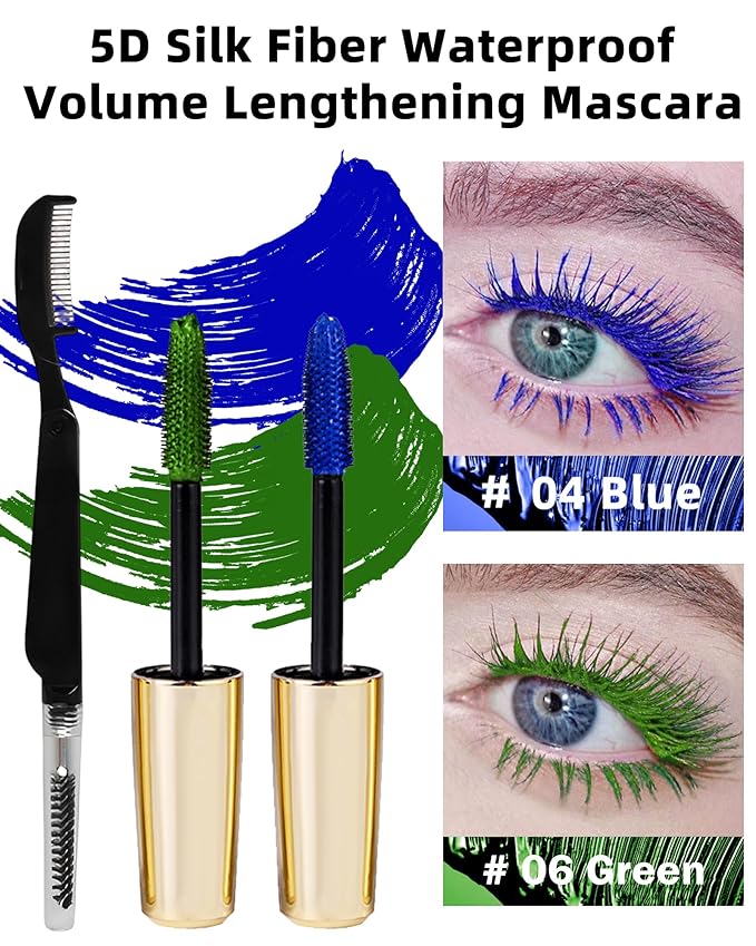 Blue Green Waterproof Mascara for Eyelash, 5D Silk Fiber Lashes Extension Colored Tube Mascara with Eyelash Brush, Long Lasting Smudge-proof Volumizing Lengthening, Cosplay Eye Makeup Gift for Women
