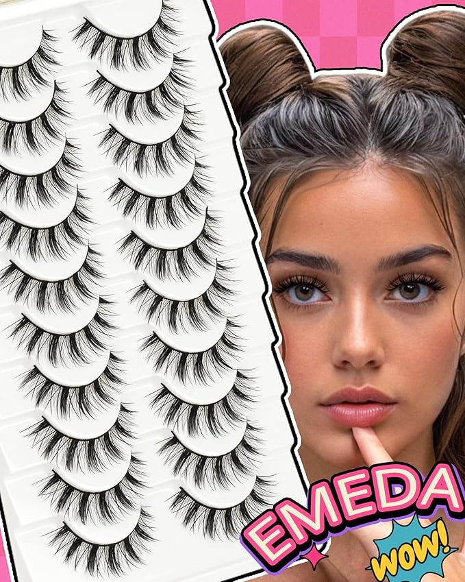 Manga Lashes Spiky False Eyelashes - Wispy Natural Look Anime False Eyelashes 10 Pairs Cotton Band Strip Lashes Cosplay Asian D Curl Fake Lashes by EMEDA(14mm #01)