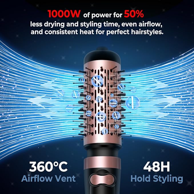 3 in 1 Rotating Hair Dryer Brush, Auto Rotating Blow Dryer Brush Spinning with 2 Brushes (2" & 1.5"), Negative Ionic Brush Blow Dryer, Round Brush Blow Dryer Volumize Curling 100-120V (Black)