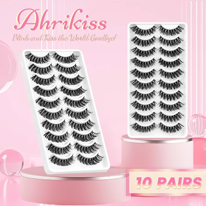 Ahrikiss Faux Mink Lashes Fluffy Russian Eyelashes 6D Volume False Eye Lashes that Look Like Extensions Thick Soft D Curl Fake Strip Lashes 10 Paris Pack(R3)