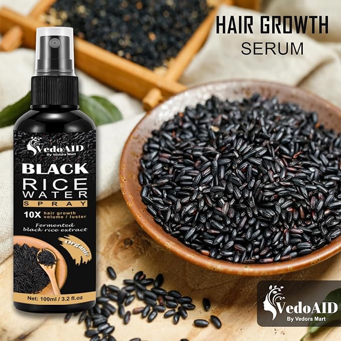 Black Rice Water Spray for Hair Growth – Organic Hair Serum with Castor Oil & Ginger Root – Strengthens, Thickens & Repairs Hair – Hair Loss Treatment for Women & Men – 100ml/3.2 fl.oz (3pc)