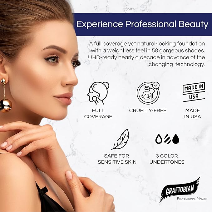 Graftobian HD Glamour Crème Foundation 1/2oz, Weightless Full Coverage Makeup, 65 Inclusive Shades, For All Skin Types, Natural or Full-Glam Looks, For Professionals and Beginners, Burnt Amber