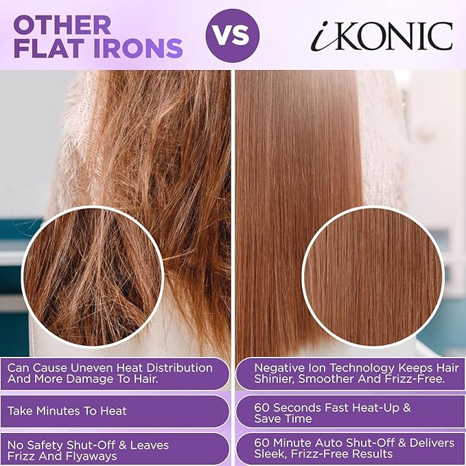 IKonic 100% Tourmaline Ceramic Hair Straightener & Curler, Anti-Static Infrared Ionic 2-in-1 Dual Voltage Flat Iron, 1” Floating Plates, Temp 140–450°F, Frizz-Free & Fast Heat Hair Iron (Pack of 2)