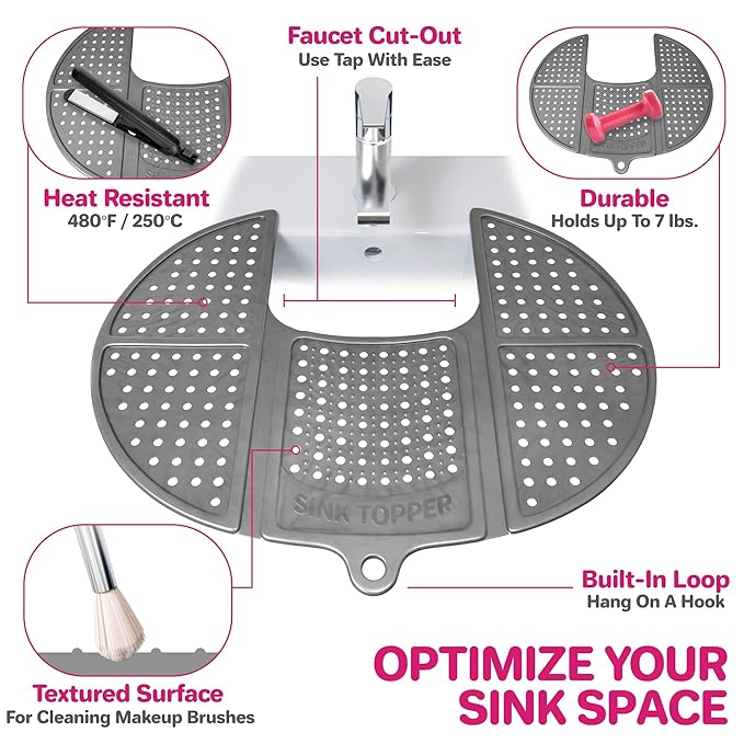 Sink Topper Bathroom Sink Cover for Counter Space & Storage Saver | RV Must Haves | Silicone Foldable Beauty Makeup Brush Cleaning Mat | Hot Tools Organizer | RV Sink Cover | Standard, Black
