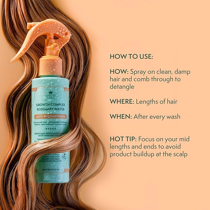 Nature Spell Rosemary Water Leave in Conditioner, Promotes Hair Growth, Heat Protection Spray, Detangling, Smoothes & Adds Shine, For All Hair Types, 5.07 Fl Oz