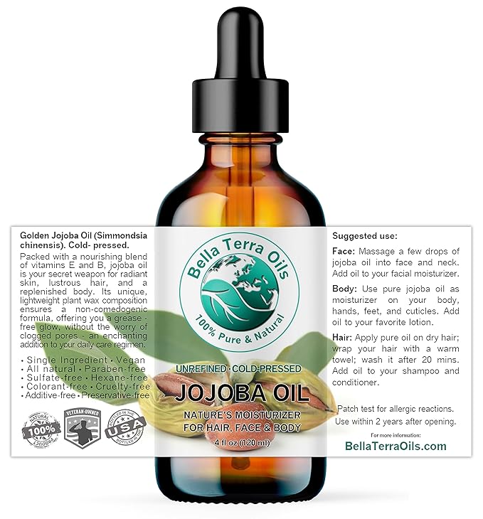 Bella Terra Oils - Organic Jojoba Oil 4 oz - Pure Essence of Organic Jojoba, Packed with Essential Fatty Acids & Chromium, Dive into the Best Body Oil Splendor