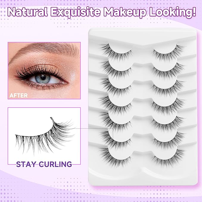 Natural Cat Eye Lashes 14mm Wispy Eyelashes with Thin Band 3D Volume Soft Strip Lashes Pack C Curl 7 Pair