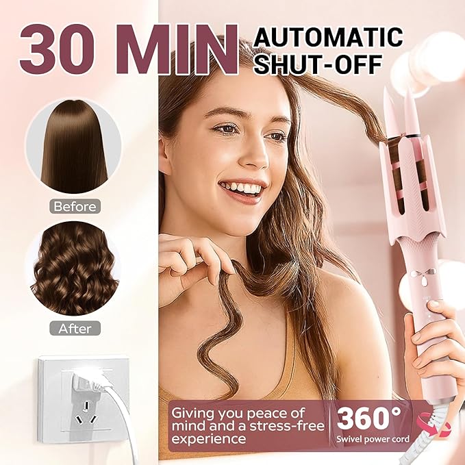 Auto Rotating Hair Curler - 4 Temperature and Timer Settings, Automatic Curling Iron with Automatic Shut-Off, Anti-Tangle and Scalding, Curling Wand for Long Lasting Curls (Pink)