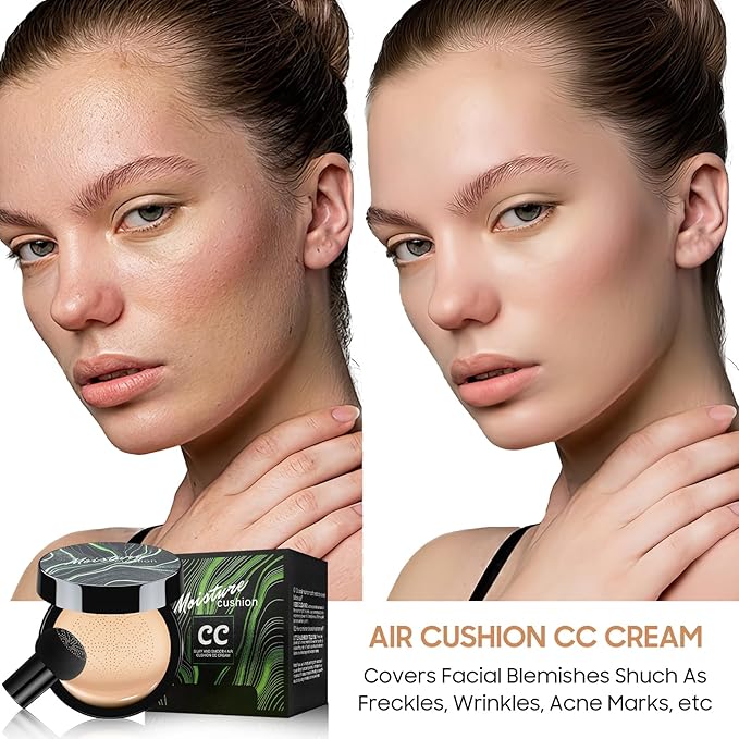 Air Cushion CC Cream Foundation - Mushroom Head BB Cream Face Makeup Moisturizing Concealer Brighten Long-Lasting, Even Skin Tone for All Skin Types (Ivory, 1 PCS)