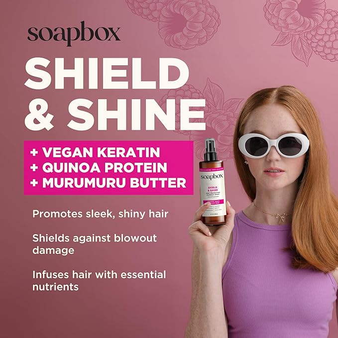 Soapbox Heat Protectant Spray, 8oz - Strengthening Hair Care, 3-in-1 Heat Protection, Shine Boosting, Anti Frizz Hair Spray, Vegan, Silicone Free, Sulfate Free, Color Safe
