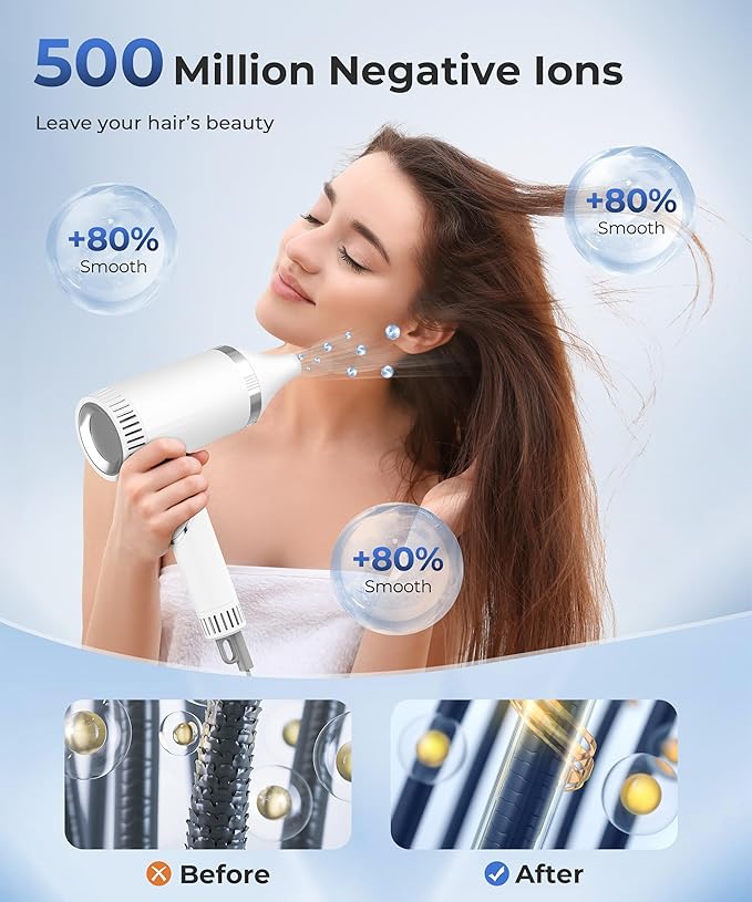 Hair Dryer, 100,000 RPM High-Speed Blow Dryers for Women & Men, Fast-Drying, 500 Million Negative Ions, Heat-Control, Low-Noise with Diffuser & Nozzle, Compact Foldable for Home Travel Use