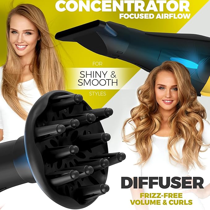 High-Power 2200W Ionic Hair Dryer - Fast-Drying, Constant Temperature Technology, AC Motor - Ideal for Curly Hair Care, Suitable for All Hair Types - HairDryer for Both Women and Men Black/Yellow