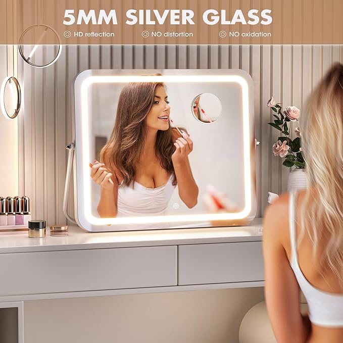 Hasipu Vanity Mirror with Lights, 15" x 13" LED Makeup Mirror, 3 Modes Light, Smart Touch Control Dimmable, 360°Rotation, Rectangle White Frame, with 5X Magnifying Glass