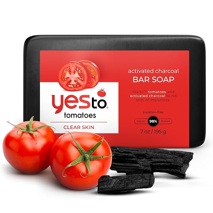 Yes To Tomatoes Charcoal Bar Soap with Tomato Extracts & Sunflower Seed Oil - Detoxifying Face & Body Soap for Men, Women, and Teens, 6 oz - Paraben-Free