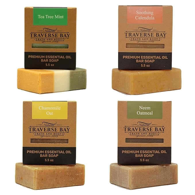 Traverse Bay Bath and Body Natural Cold Process Soap Itch Relief 4-Bar Variety Pack, Tea Tree Mint, Soothing Calendula, Chamomile Oat, Neem Oatmeal, 5.5 oz Each, 22+ oz Total