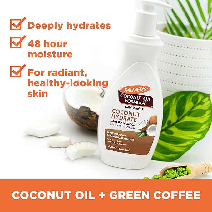 Palmer's Coconut Oil Formula Body Lotion for Dry Skin, Hand & Body Moisturizer with Green Coffee Extract & Vitamin E, Pump Bottle, 13.5 Fl Oz (Pack of 2)