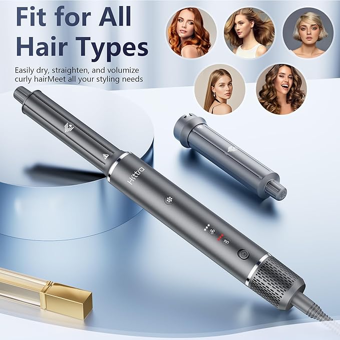 6-in-1 Multi Styler & Professional Hair Dryer Brush, Frizz-Free Hot Air Wrap Hair for Fast Drying, Volumizing, Straightening, Curling Without Heat Damage, Gift for All Hair Types' Women (Gray)