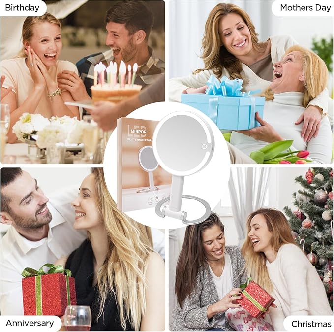 Portable Travel Makeup Mirror with Lights - 3 Color Dimmable Lights, 360° Rotation, Rechargeable Double-Sided 1X/10X Magnifying Mirror, Adjustable Brightness for Tabletop, Home & On-the-Go Use