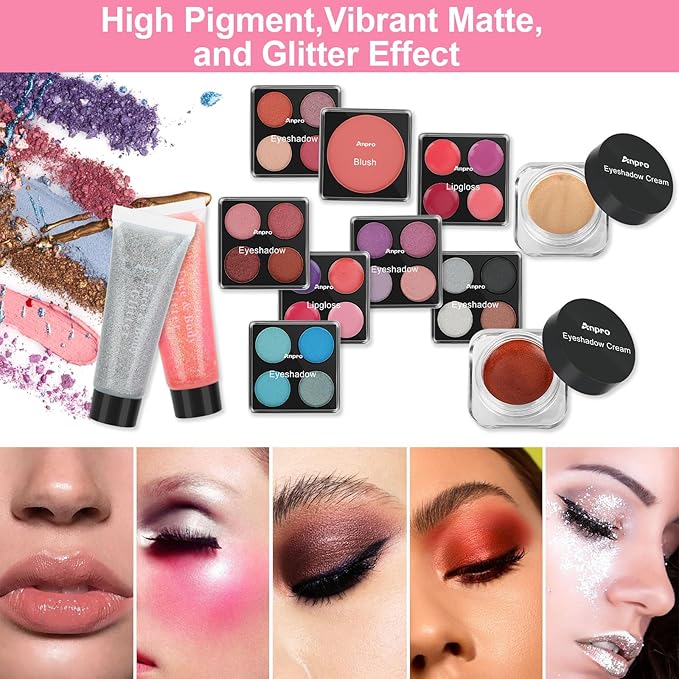 Anpro All-In-One Makeup Kit with Carry Case, Pro Teen Makeup Set, Girls Makeup Kit for Teens Tween Women, Full Starter Cosmetics Kit with Brushes, Lipsticks, Eye Shadows Palette, Blushes, Glitter Gel