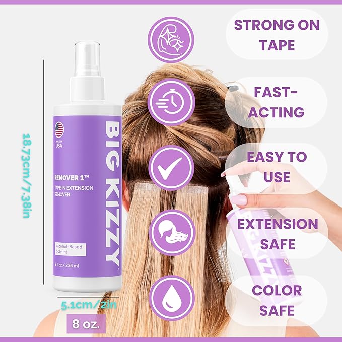 Big Kizzy Tape in Extension Remover Spray - Remover 1 (8oz) - Fastest and Easiest Tape In Remover - Compatible with all Human Hair Extension Tape