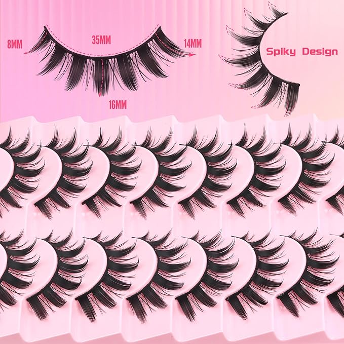 Ahrikiss Lashes Spiky Manga Lashes Anime False Eyelashes 8 Pairs Faux Mink Lashes Kit with Lash Glue and Lash Tweezers Cosplay Thick Fake Eyelashes Soft Wispy Strip Lashes (Doll Kit)