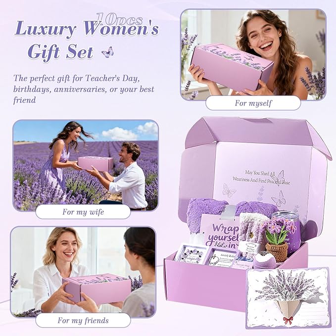 Valentines Day Gifts for Her Birthday Gifts for Women ,Self Care Get Well Soon Gifts Baskets Lavender Spa Kit Bath Set Gifts for Mom Girlfriend Wife Daughter Sister Best friend w/ Blanket
