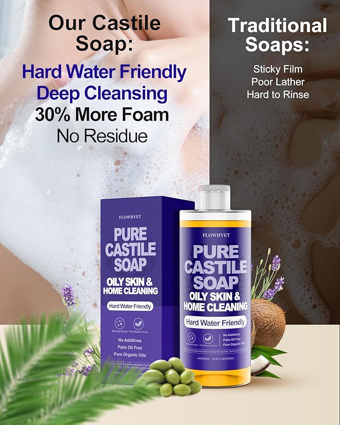 Pure Castile Soap Liquid Lavender 33 fl oz – Natural & Vegan Body Wash for Oily & Sensitive Skin, Hard Water Friendly Bath Soap Liquid for Body,Face, Laundry Soap & Home Cleaning