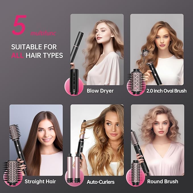 SKIMI 110,000 RPM Brushless Motor Hair Dryer Brush - 5 Muti-Styler for Fast Drying, Curling, Volumizing & Straightening | High-Speed Hot Air Brush for All Hair Types (Black & Pink)