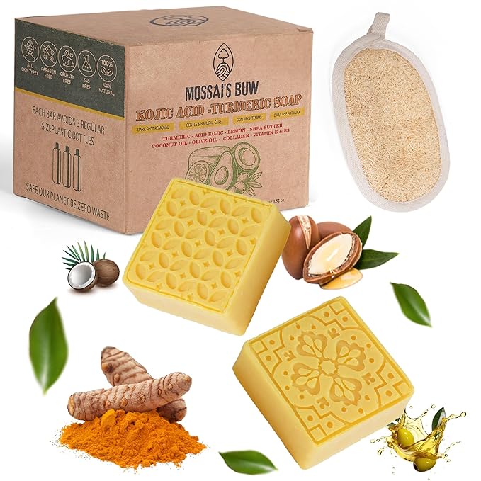 Kojic Acid and Turmeric Soap Bar for Dark Spots – Natural Brightening Bar with Coconut & Olive Oil, Lemon, Shea Butter, Vitamin C&E – Cleansing Moisturizing Bath Soap (2Pack) + Loofah Bath Sponge