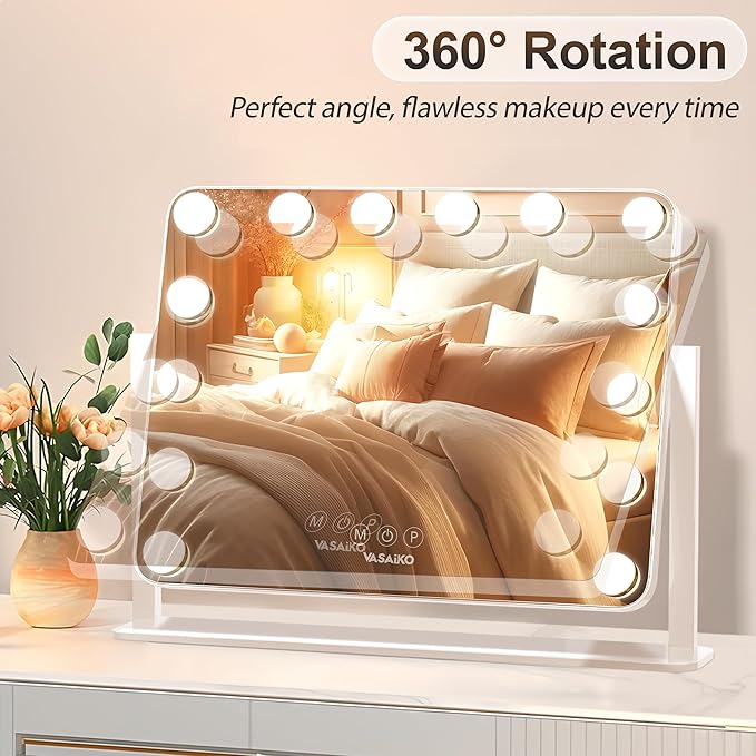 Hollywood Vanity Mirror with Lights, 20.4" x 15.7" Makeup Mirror with 14 LED Dimmable Bulbs, 3 Color Modes, 10X Magnification, USB Charging Port Touch Control, 360°Rotation