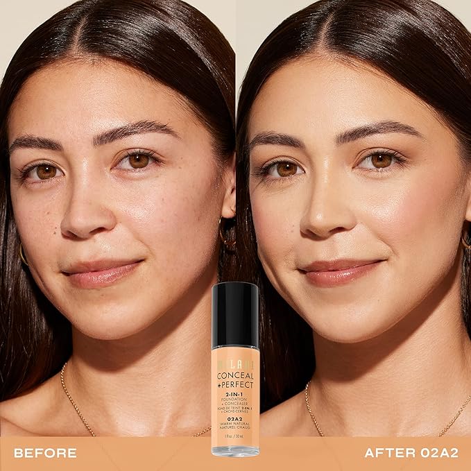 Milani Conceal + Perfect 2-in-1 Foundation + Concealer for a Flawless Complexion, Under Eye Corrector, Cover Redness and Imperfections, Waterproof and Sweatproof - Warm Natural
